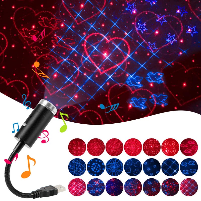 Crefotu USB Star Night Light,9 Functional Modes | 24 Lighting Effects,Sound Activated Strobe Atmosphere Decorations for Car Interior,Ceiling, Bedroom, Party and More (Blue&Red) - Image 1